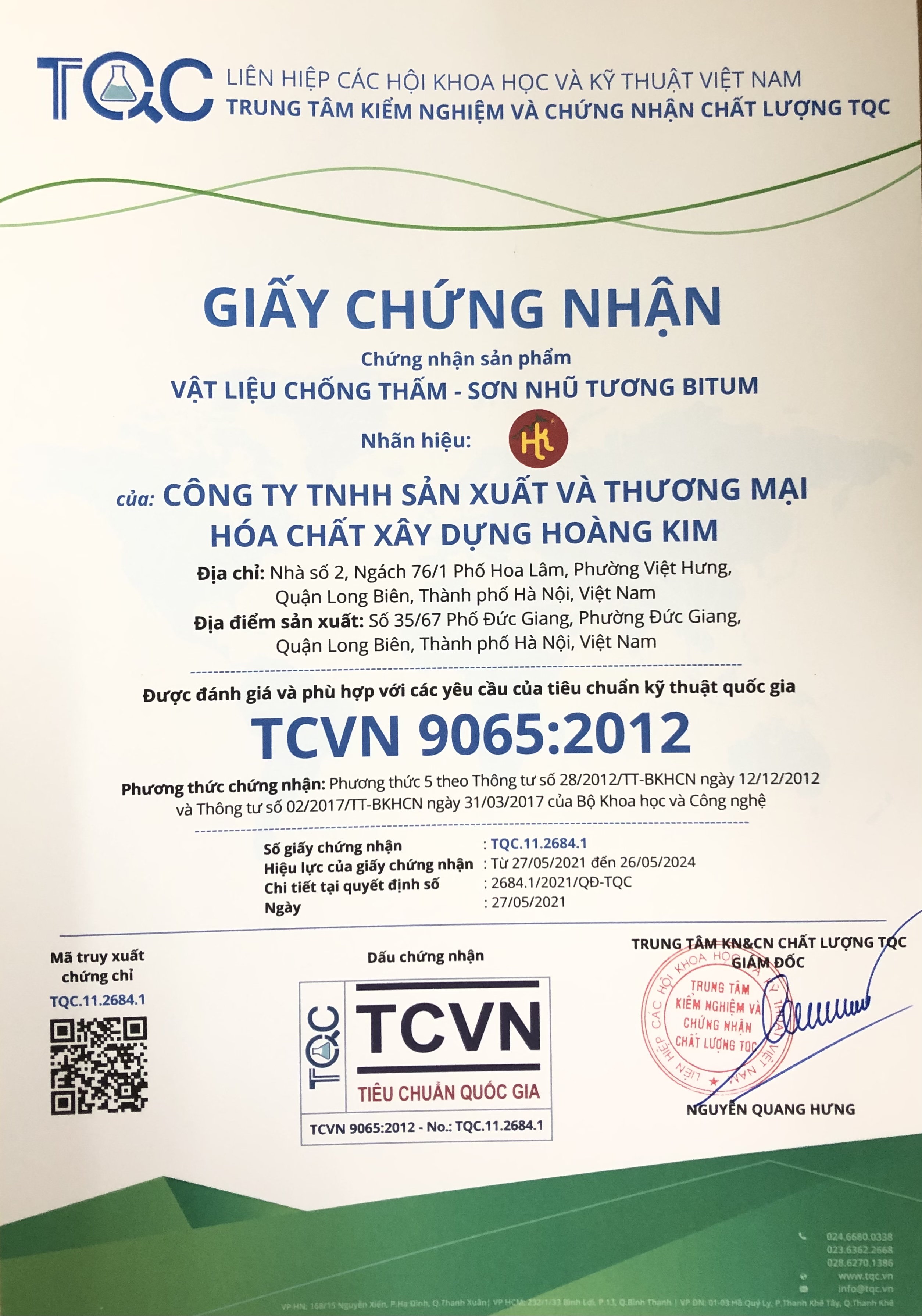 Chứng nhận sản phẩm VẬT LIỆU CHỐNG THẤM - SƠN NHŨ TƯƠNG BITUM